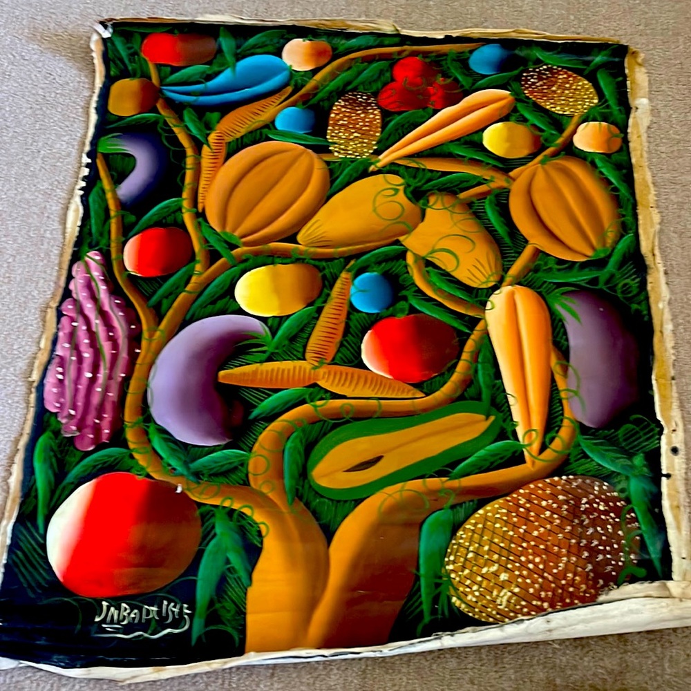 Fruit and local flavors by locals on canvas “pinture naive “ style